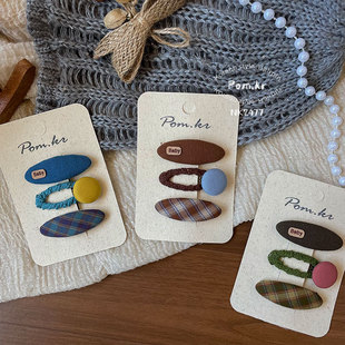 新款韩版秋冬椭圆豆豆发夹手作布艺儿童掰掰夹格纹侧边碎发刘海夹