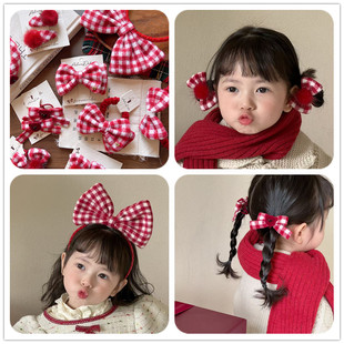 韩系儿童新年安哥拉红蝴蝶结发夹女童年服红色毛绒红格纹发箍发圈