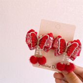 2025年儿童新年喜庆汉服发饰宝宝女童过年中国风花朵蝴蝶对夹对装