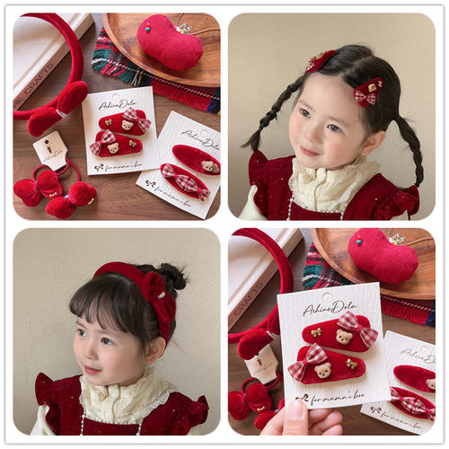 韩系儿童新年红蝴蝶结BB夹发箍