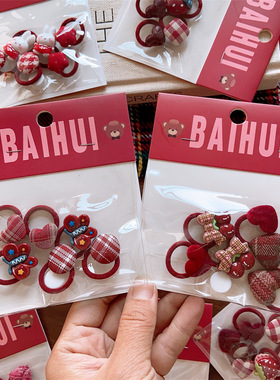 儿童新款可爱红色喜庆丝绒发圈女童新年布艺拇指圈马尾辫皮筋袋装