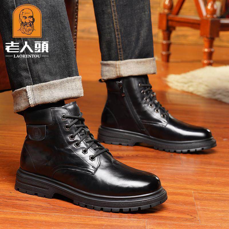 老人头官方旗舰店2023冬季棉皮鞋高帮羊毛一体时尚马丁靴子男真皮