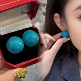 港风复古极简显白蓝绿色高腰珠珠耳钉百搭立体球球耳环小众设计感