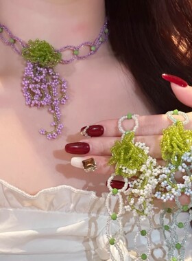 春夏森系手工串珠花朵choker颈链