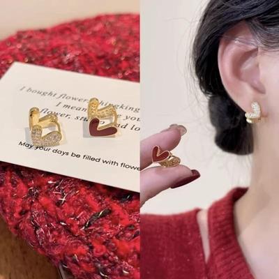 轻奢s925银针红色双面爱心耳扣