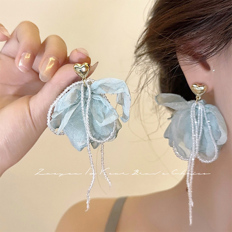 超仙长款流苏耳环串珠花朵耳钉女高级感气质2023年新款潮甜美耳坠