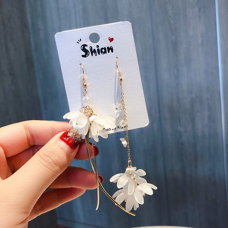 向阳花语仙女韩国气质长款亚克力花朵耳钩水晶流苏不对称耳环耳饰