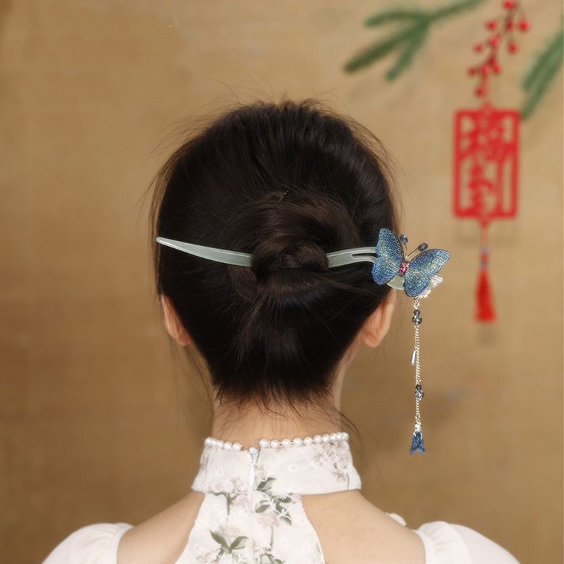蝴蝶蓝色流苏汉服旗袍发簪发钗