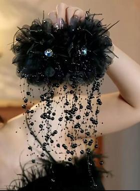 蓝色妖姬韩式复古百搭毛毛流苏花朵抓夹时尚鲨鱼夹显发量头饰发夹