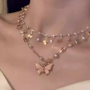 彩色蝴蝶流苏项链叠戴2024新款 流苏锁骨链小众轻奢高级设计感颈链