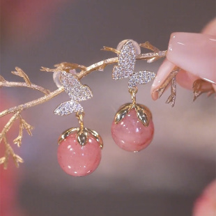 锆石微镶蝴蝶耳环女银针2022年新款 猫眼石耳饰潮 潮轻奢冷淡风夏季