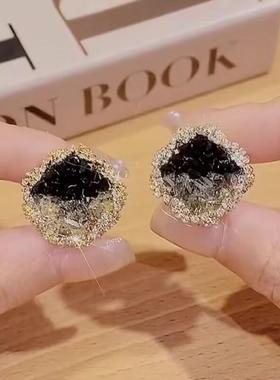 气质黑色渐变水晶方形耳环女轻奢高级感银针耳钉925银针爆款耳饰