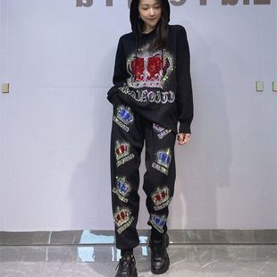 女秋季 上衣 跨境针织套装 连帽长袖 水钻运动服两件套 长裤 休闲大码