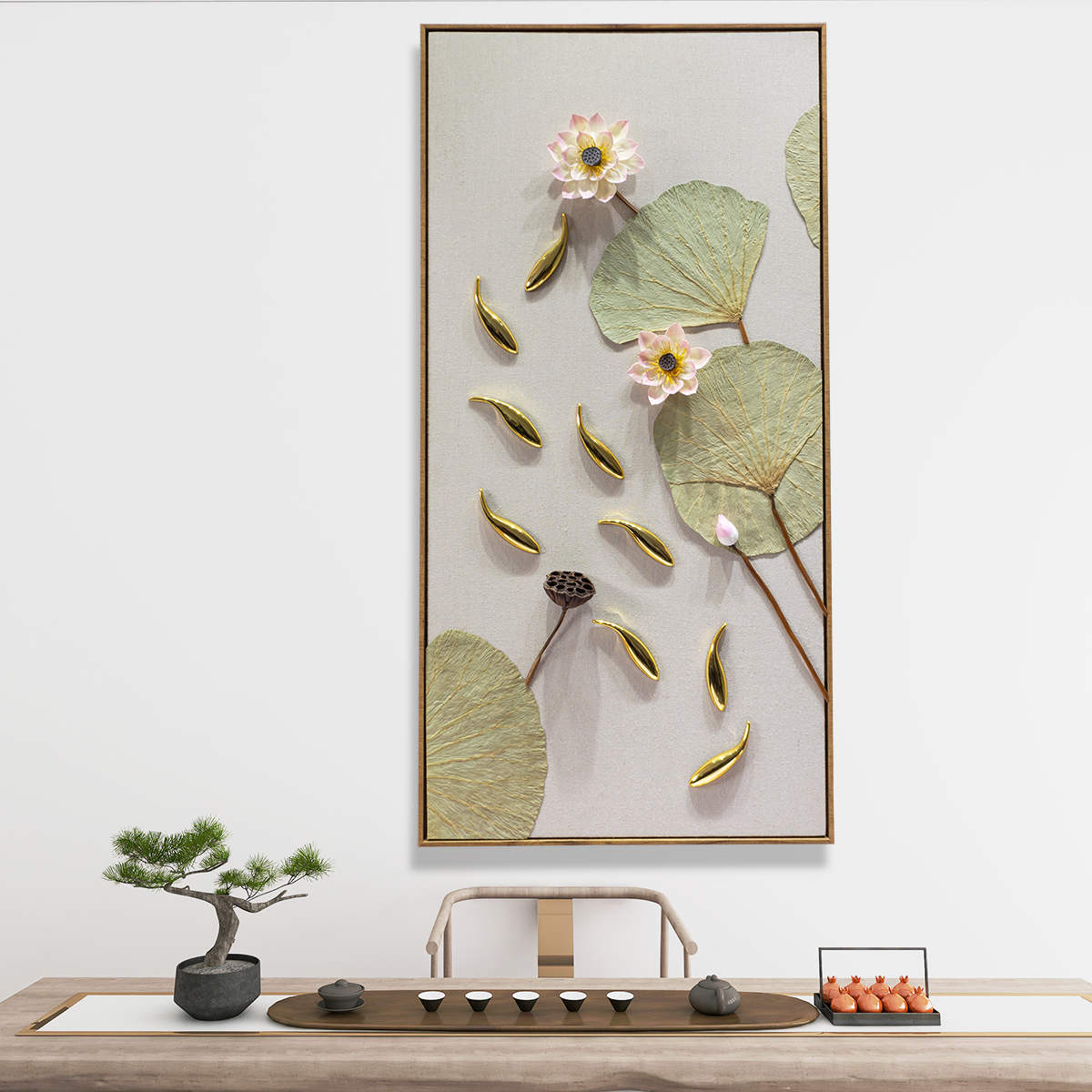 荷花九鱼图新中式客厅立体装饰画沙发背景墙挂画中式聚财卧室壁画图片