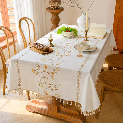 新中式复古氛围感高级感田园绣花棉麻布艺桌布餐厅客厅茶几布台布