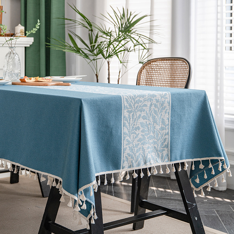 北欧复古风流苏桌垫台布茶几布防烫布艺餐桌布长方形桌布蓝色树叶
