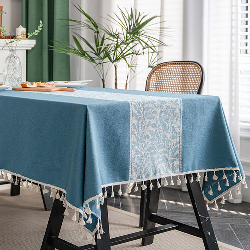 北欧复古风流苏桌垫台布茶几布防烫布艺餐桌布长方形桌布蓝色树叶