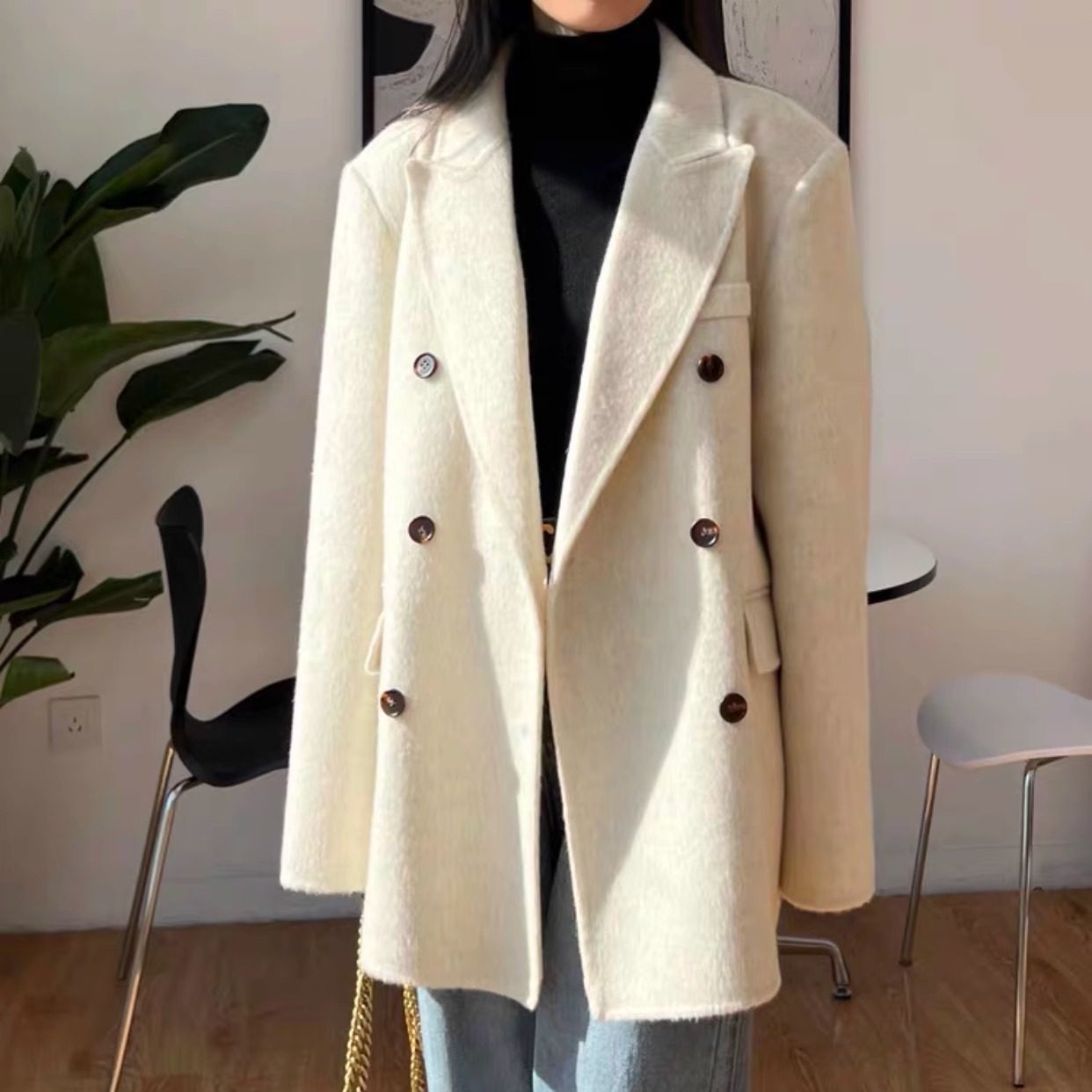 【白玉】高级感双面羊毛大衣女短款新款高端韩版西装领厚毛呢外套