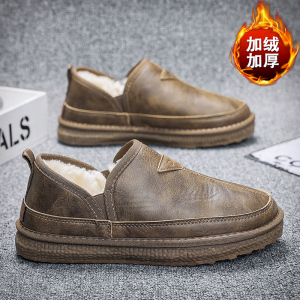冬季新款男一脚蹬懒人面包鞋潮男皮面时尚雪地靴防水棉靴加厚棉鞋