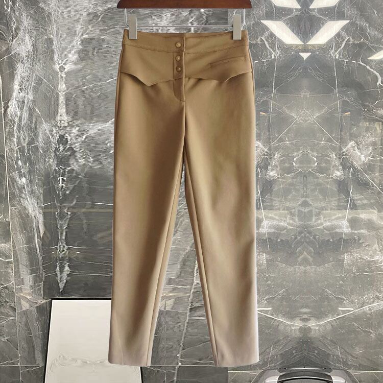 知性通勤好版型！杏色金扣单排扣高腰修身西裤小脚裤女2025秋新款