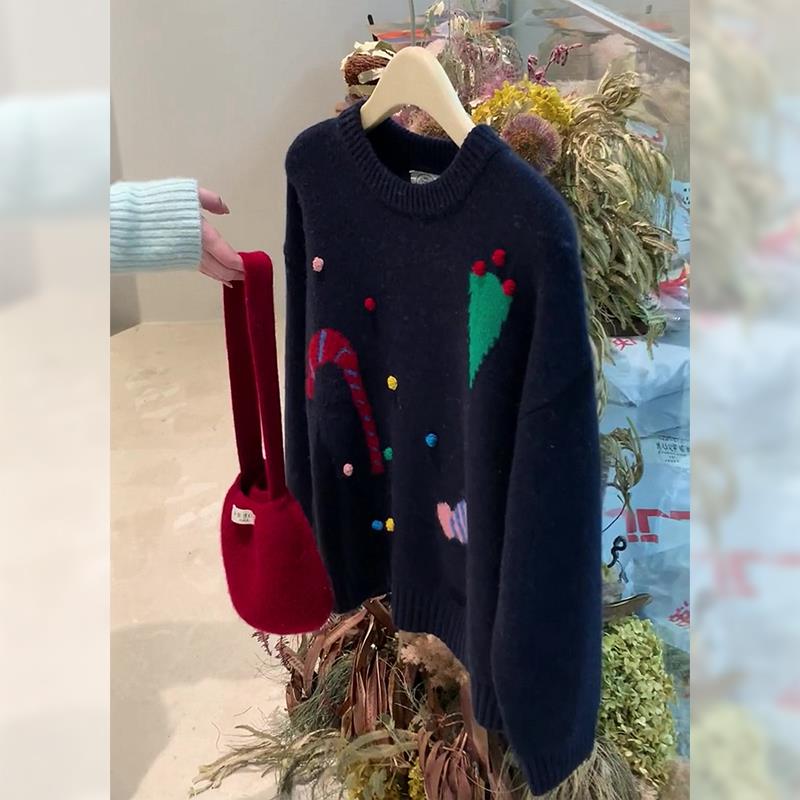 今年流行圣诞藏青色毛衣女新款宽松外穿复古港味加厚内搭慵懒针织