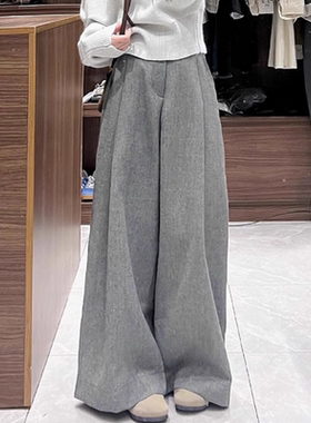 灰色加厚裤子女秋冬宽松bf慵懒风拖地休闲西装裤高腰直筒阔腿长裤