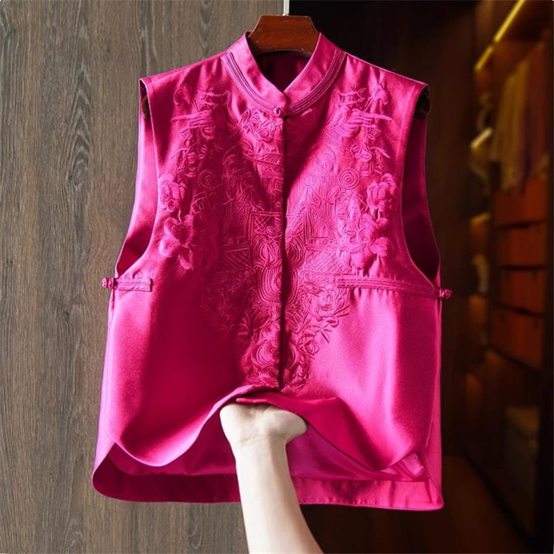品牌折扣专柜外贸女装玫红色马甲背心重工国风刺绣新中式叠穿上衣