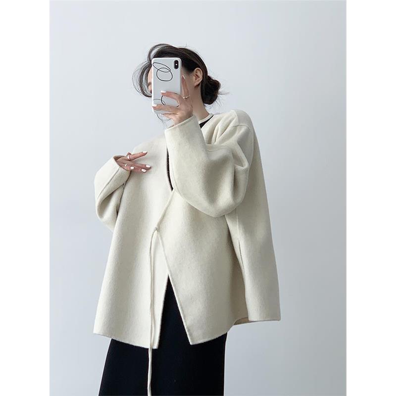 牛X货 巨炸裂！白色双面呢大衣女短款V领侧系带韩版气质羊毛外套