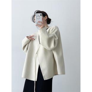 牛X货 巨炸裂!白色双面呢大衣女短款V领侧系带韩版气质羊毛外套