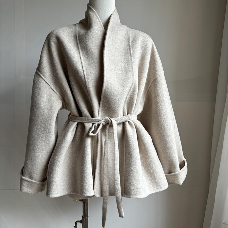 美到爆炸！日系穿搭小个子赫本风高级感双面羊绒系带收腰呢外套女