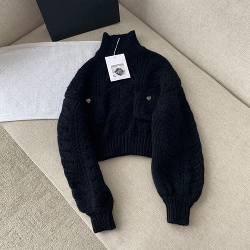 欧洲站2022秋冬新品高领加厚粗毛线套头毛衣高腰显瘦百搭黑针织女