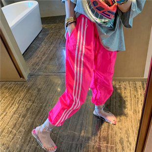 品牌专柜高端外贸女装荧光粉超薄松紧腰宽松花裤子彩色时尚运动裤
