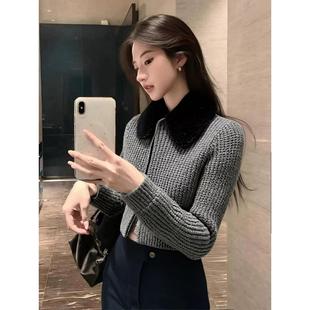 毛毛翻领短款针织开衫女秋冬2025新款灰色长袖显瘦巨好看漂亮毛衣
