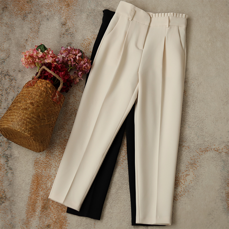 边百褶高腰哈伦西裤子