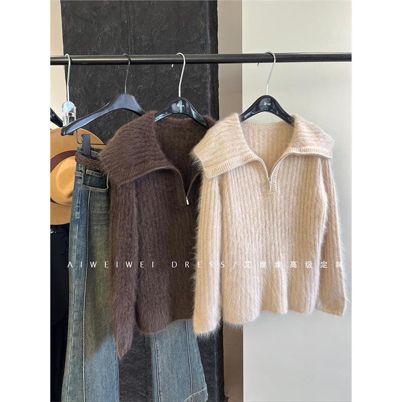 CHAO级推荐！厚实拉毛大翻领粗针羊毛拉链慵懒坑条套头毛衣女秋冬