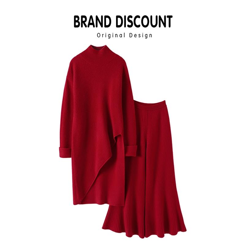 王炸款！大克重！高领斜边羊绒衫+中长款裤子大喇叭裤两件套女