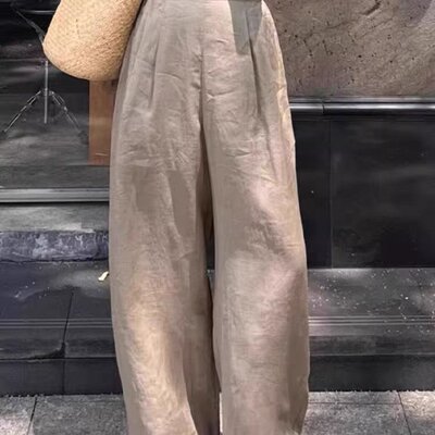 棕色设计感棉麻垂感阔腿裤子女2026夏季新款简约大气时尚高腰裤子