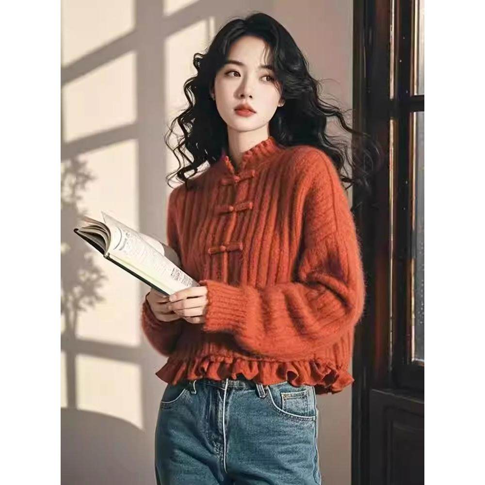 新中式国风橘红色盘扣针织毛衣外套女春季慵懒风软糯超好看短上衣,女装/女士精品,毛针织衫,淘宝优惠券,粉丝福利购,淘宝优惠卷