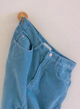 版型超好！特别显瘦百搭~日系垂坠感灯芯绒蓝色阔腿裤女秋冬新款