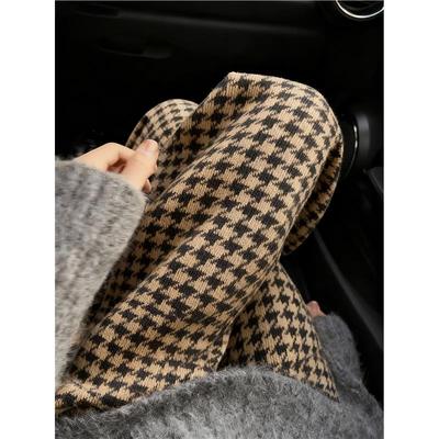 卡其色千鸟格针织休闲裤女冬季新款欧货时尚直筒宽松加绒阔腿裤子