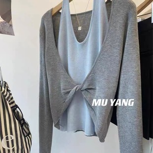 四季青高端广州十三行女装气质挂脖假两件撞色针织衫女小个子上衣