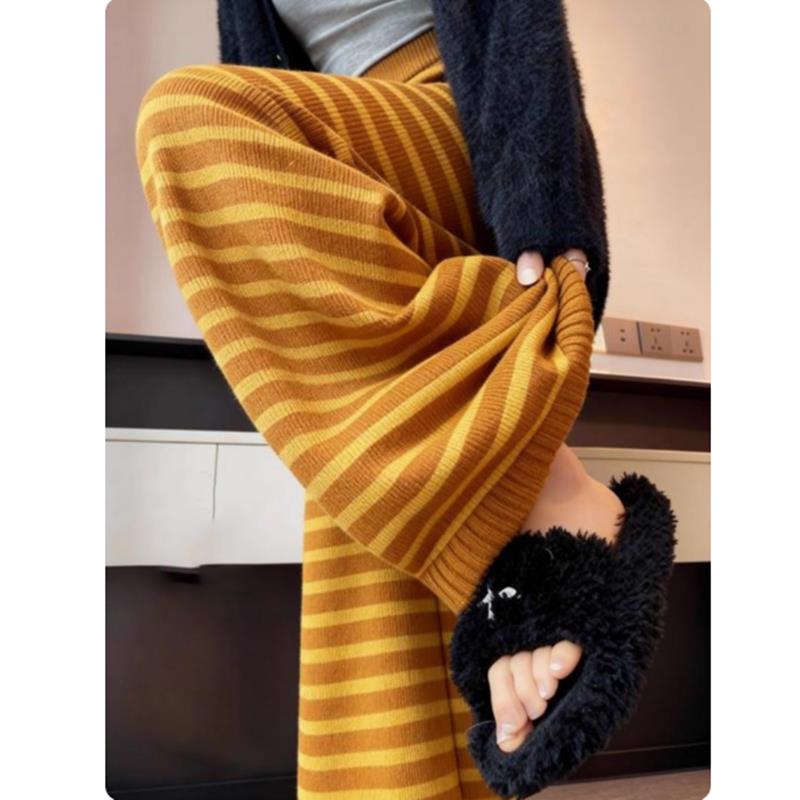 姜黄色加绒加厚条纹裤子2025爆款高腰保暖直筒裤垂坠感宽松阔腿裤