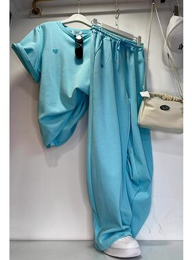 一线品牌折扣捡漏高级感休闲时尚多巴胺蓝色T恤运动套装裤女夏季