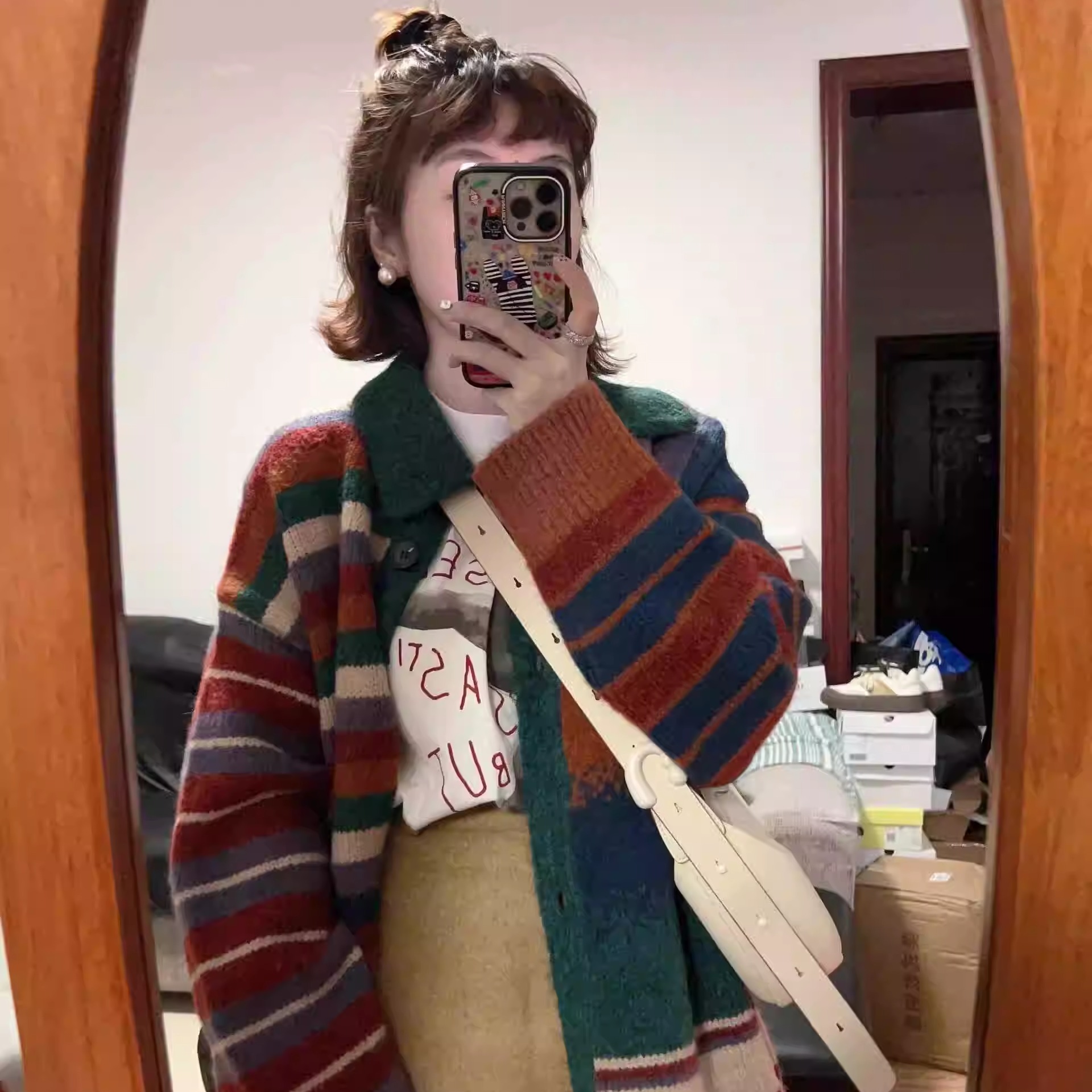 CHAO级推荐！日系复古拼接翻领毛衣开衫女秋冬韩版长款针织上衣