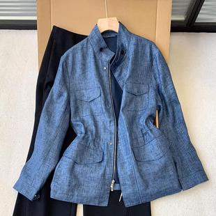 怒推!外贸单品质,四口袋立领拉链亚麻外套女春夏百搭老钱风开衫