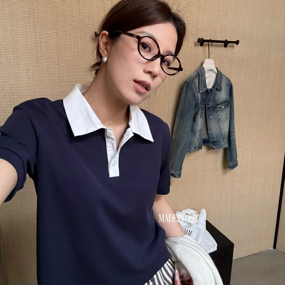 CHAO级推荐！撞色拼接POLO领短袖T恤春夏宽松休闲百搭打底衫女潮