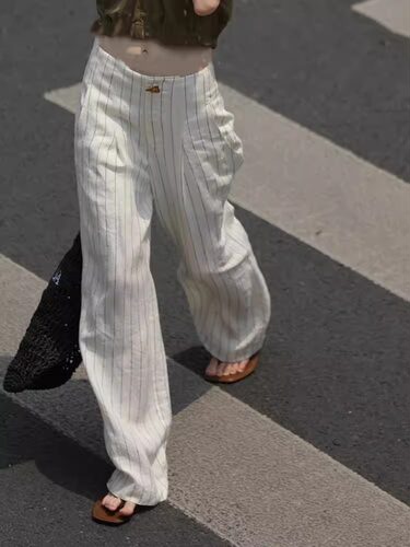 牛X货 巨炸裂！高腰显瘦垂感长裤子女夏小个子白色条纹窄版阔腿裤