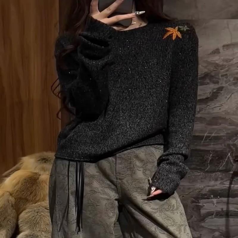 牛X货 巨炸裂！黑色圆领绣花套头毛衣女秋冬慵懒宽松长袖针织上衣