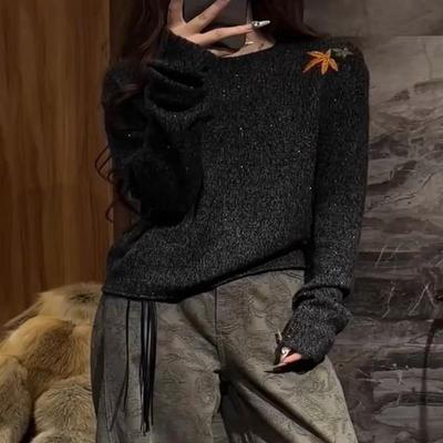 牛X货 巨炸裂！黑色圆领绣花套头毛衣女秋冬慵懒宽松长袖针织上衣