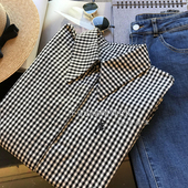 显瘦精致刺绣黑白格子衬衫 品牌专柜撤柜女装 外贸原单清仓港味时尚